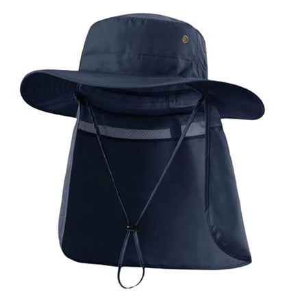 Home Prefer UPF50 Mens Sun Hat with Neck Flap Quick Dry UV Protection Cap Womens Wide Brim Fishing Hat Neck Flap Beach Garden - color: Navy Blue