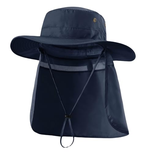 Home Prefer UPF50 Mens Sun Hat with Neck Flap Quick Dry UV Protection Cap Womens Wide Brim Fishing Hat Neck Flap Beach Garden - color: Navy Blue
