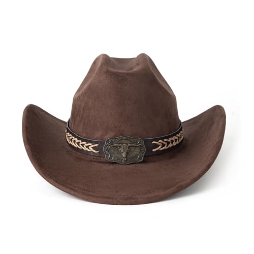 Western Cowboy Hat for Women Men Retro Suede Hat - color: Coffee-square Bull Buckle