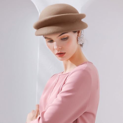 ORIDOOR Women Vintage 100% Wool Felt Flowers Bucket Cloche Bowler Hat Church Wedding Beret Hat - color: E2 Khaki