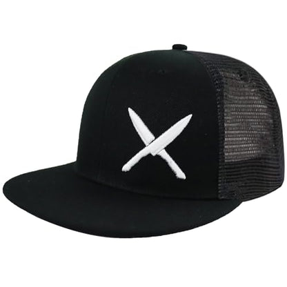 Funny Chef Hats, Snapback Flat Bill Dad Hat for Men, Adjustable Cotton Embroidered Knives Kitchen Women Baseball Caps - color: Black Meshes