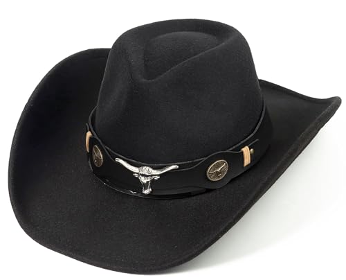 Women-Men Felt-Western-Cowboy Hat-Classic Brim Belt Buckle Cowgirl Fedora M - color: Black With Bull Head Belt