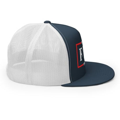 NX FDT Embroidered Flat Bill Trucker Hat High Crown Adjustable FDT Hat - color: Navy/ White
