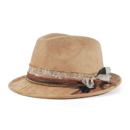 Fedora Trilby Hats for Men Women Handmade 1920s Classic Short Brim Hat with Feathers Unisex - color: Khaik