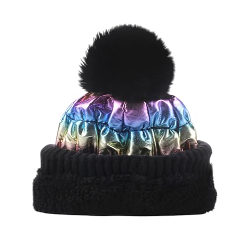 WITHMOONS Winter Pom Beanie Shiny Metallic Fleece Knit Hat Slouchy Cap YZP0255 - color: Rainbow
