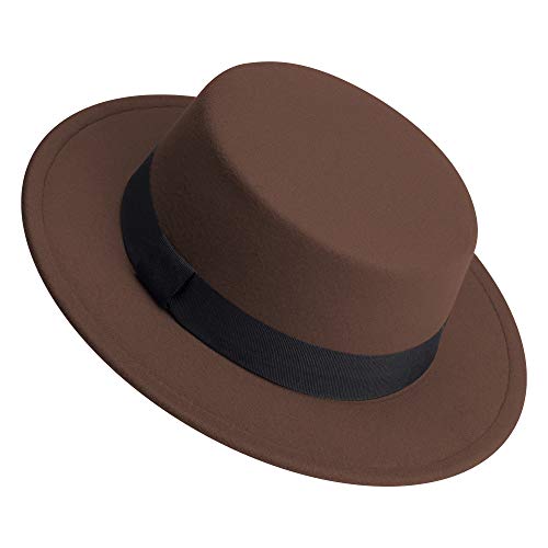 Classic Fedora Hat Flat Top Hat Felt Pork Pie Hat Wide Brim Church Derby Cap for Women and Men - color: Coffee