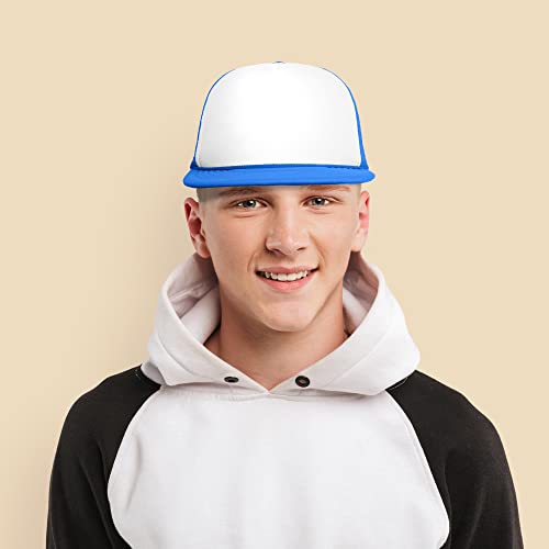 DALIX Flat Billed Trucker Hat Mesh Back S M L Adjustable Cap Solid Two Toned Snapback - color: Neon-blue-white, size: One Size