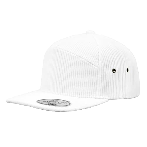 7 Panel Corduroy Cap – Structured Cotton Snapback Flat Bill Adjustable Unisex Streetwear Hat - color: White