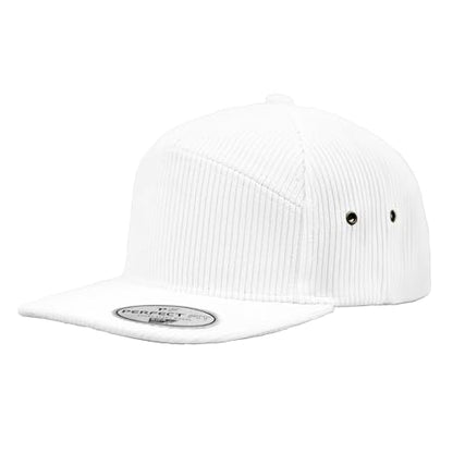 7 Panel Corduroy Cap – Structured Cotton Snapback Flat Bill Adjustable Unisex Streetwear Hat - color: White
