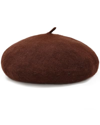 Women French Wool Beret Hats - Solid Color Classic Beanie Winter Cap - color: Brown