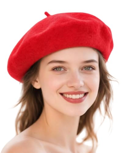 Wool French Beret Hats for Women Classic Winter Beanie Cap - color: Red