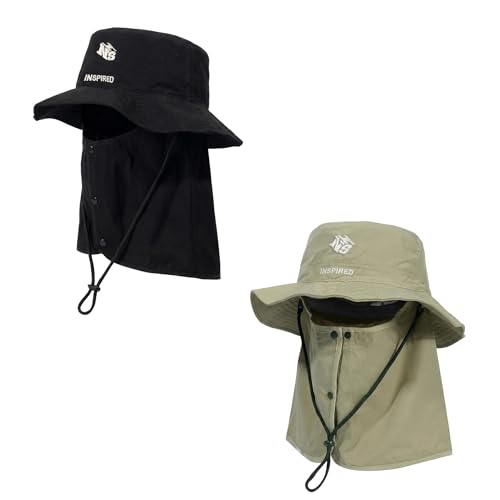 Bucket Hat for Men Women,Waterproof Sun Hat UV Protection with Detachable Face Neck Flap for Outdoors - color: Black+khaki