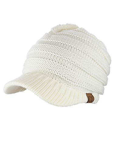 C.C Warm & Thick Cable Knitted Brim Visor Beanie Cap - color: Ivory