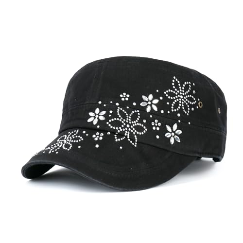 ililily Rhinestone Cotton Cadet Cap Vintage Distressed Cotton Military Army Hat - color: Black / Crystal