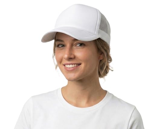 NYFASHION101 Plain Mesh Trucker Hat - Breathable 6-Panel Daily Snapback Cap, Customizable Ideal for DIY Embroidery & Patches - color: White