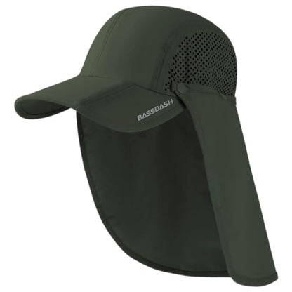 BASSDASH UPF 50+ Fishing Hat, Baseball Cap with Removable Neck Flap - color: Army Green With Foldable Brim