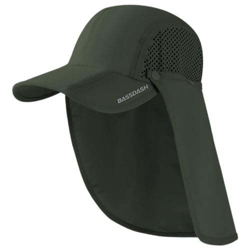 BASSDASH UPF 50+ Fishing Hat, Baseball Cap with Removable Neck Flap - color: Army Green With Foldable Brim