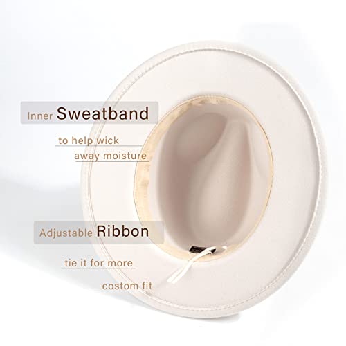 DRESHOW Women Classic Felt Fedora Wide Brim Floppy with Belt Buckle Panama Hat - color: 1 Pack: Creamy (Khaki Belt Buckle) a