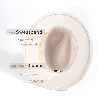 DRESHOW Women Classic Felt Fedora Wide Brim Floppy with Belt Buckle Panama Hat - color: 1 Pack: Creamy (Khaki Belt Buckle) a