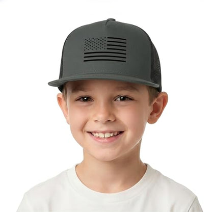 BROMZ Kids Youth American Flag Trucker Hat Flat Bill, Breathable Mesh Back Snapback Baseball Cap for Boys Girls 5-15 Years - color: Dark Gray/Black Flag
