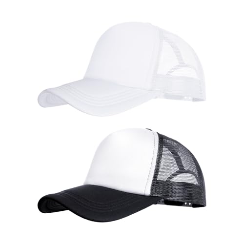 2 Pack Trucker Hat Bulk Mesh Cap for Women Men Adjustable Blank Hats for DIY Sports Outdoor - color: Black and White