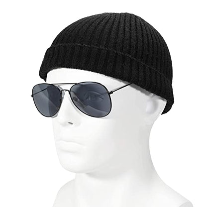 ZLYC Men Winter Knit Fisherman Beanie Hat Fashion Warm Daily Skull Cap - color: Solid Black