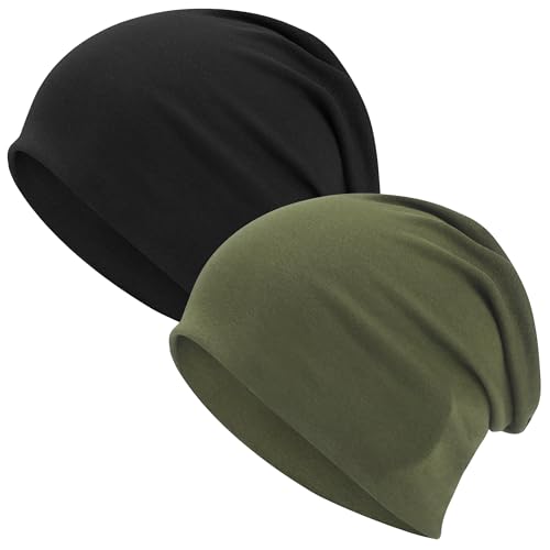 ROYBENS 100% Cotton T-Shirt Beanie for Women Men Slouchy Soft Skull Cap - color: 2pcs-black, Army Green