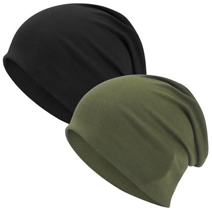 ROYBENS 100% Cotton T-Shirt Beanie for Women Men Slouchy Soft Skull Cap - color: 2pcs-black, Army Green