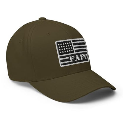 FX FAFO USA Flag Fitted Hat Embroidered Curved Bill Mid Crown Closed-Back Structured Twill Cap - color: Olive, size: Large-X-Large