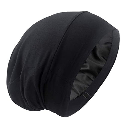 Silk Satin Lined Bonnet Sleep Cap - Adjustable Stay on All Night Hair Wrap Cover Slouchy Beanie for Curly Protection Women and Men Solid Black - color: Solid Black, size: One Size