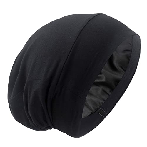 Silk Satin Lined Bonnet Sleep Cap - Adjustable Stay on All Night Hair Wrap Cover Slouchy Beanie for Curly Protection Women and Men Solid Black - color: Solid Black, size: One Size