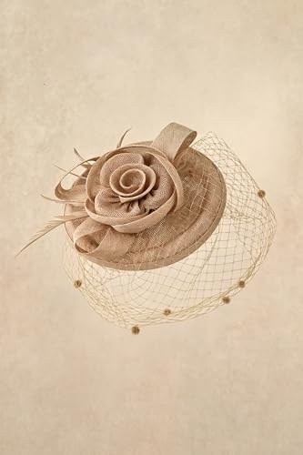 BABEYOND Fascinators Hats for Women Flower Veil Feather Pillbox Derby Hat - color: Champagne