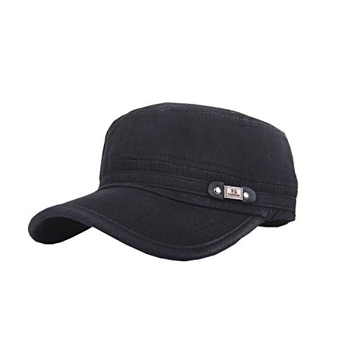 QZUnique Adjustable Flat Top Cap Solid Brim Army Cadet Style Military Hat - color: A- Black