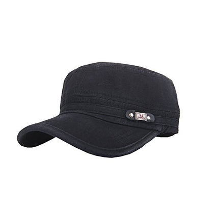 QZUnique Adjustable Flat Top Cap Solid Brim Army Cadet Style Military Hat - color: A- Black