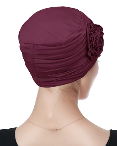 Alnorm Flower Design Chemo Hair Loss Caps Cancer Headwear for Women - color: Black Red