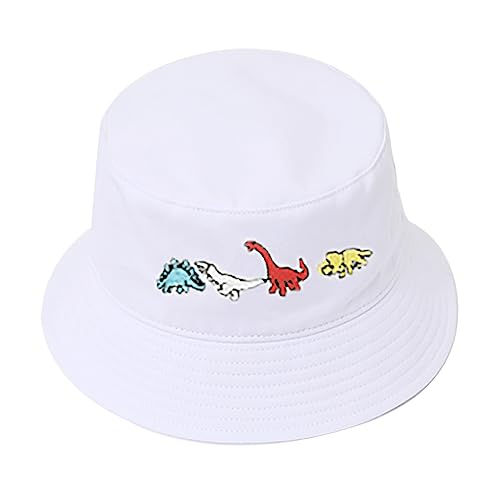 XYIYI Fashion Embroidery Bucket Hat Cotton Beach Fisherman Hats for Women Girls - color: Little Dinosaur White