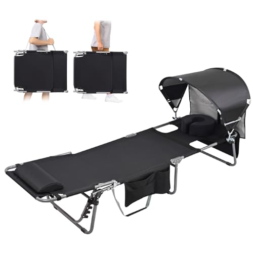 Oversized Extra Wide Tanning Chair with Sun Canopy Face Hole Padded Adjustable Washable, Heavy Duty Layout Folding Lounge Chair for Outside Beach Reading Sunbathing, UPF 50+, XL, Plus Size, 330 LBS - color: Black, size: Oversized