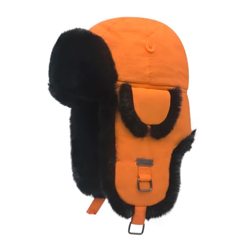 Winter Trapper Hat,Warm Faux Fur Aviator Hat,Russian Trooper Hunting Ski Hat with Ear Flaps for Men & Women - color: Fluorescent Orange, size: Large