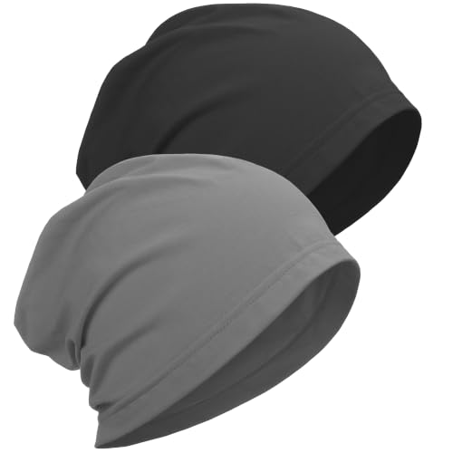 ROYBENS 100% Cotton Thin Slouchy Beanie Hat Women Men Lightweight Chemo Cap - color: 2pcs Black+dark Grey
