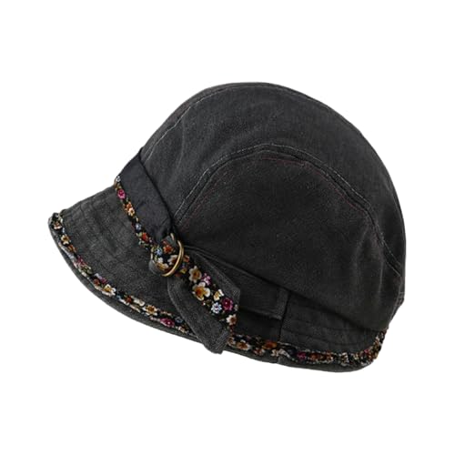 Women Denim Bucket Hat Brim with Floral Foldable Versatile Cap - color: Black