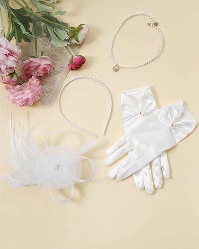 2Pcs 50s Fascinators Hats for Women Wedding Cocktail Flower Mesh Ribbons Feathers Church Tea Party Hats and Lace Glove - color: White