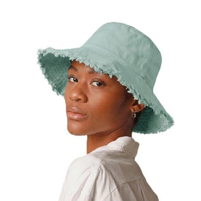 CHOK.LIDS Frayed Bucket Hat Washed Cotton Floppy Wide Brim Boonie Cap - color: Aquastone
