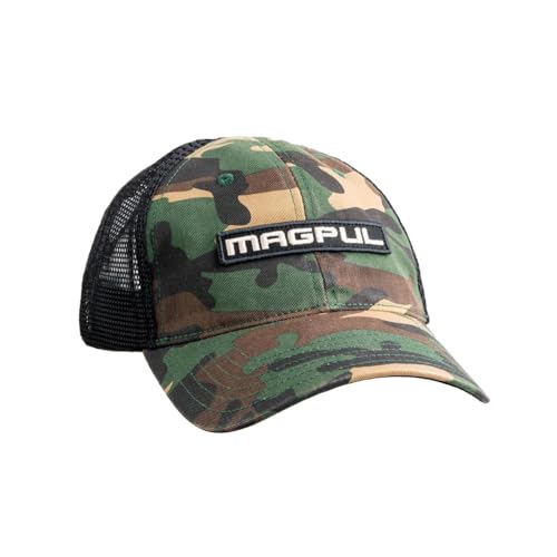 Magpul Trucker Hat Snap Back Baseball Cap, One Size Fits Most - color: Wordmark Garment Washed Woodland Camo