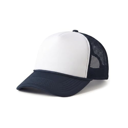 CHOK.LIDS Blank Foam Trucker Hat, Retro Mesh Rope Snapback Cap, Men Women - color: Curved Brim (White/Navy)