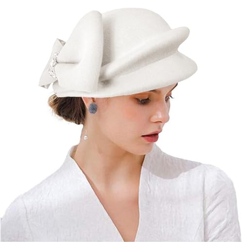 ORIDOOR Women Vintage 100% Wool Felt Flowers Bucket Cloche Bowler Hat Church Wedding Beret Hat - color: E4 White