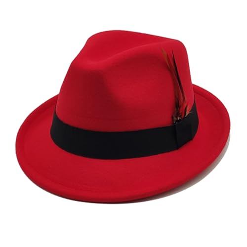 Unisex Trilby Hats Classic Fedora Hats for Women Men Dress Hats Felt Short Brim Fedoras Hat Panama Hat with Band - color: Red