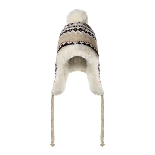 XGOPTS Women Winter Faux Fur Trapper Hat Warm Fleece Lined Beanie Cap Furry Pom Jacquard Knited Hats Knit Cossack Russian Hat - color: Beige