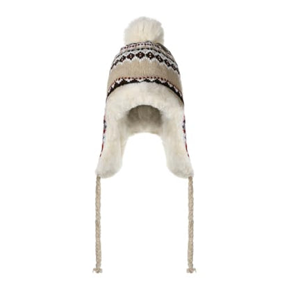 XGOPTS Women Winter Faux Fur Trapper Hat Warm Fleece Lined Beanie Cap Furry Pom Jacquard Knited Hats Knit Cossack Russian Hat - color: Beige