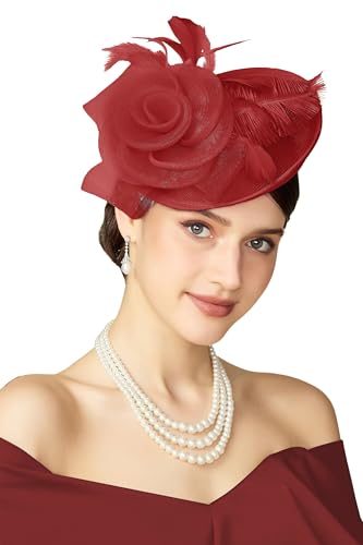 BABEYOND Fascinators Hats for Women Tea Party Mesh Flower Pillbox Derby Hat - color: Red
