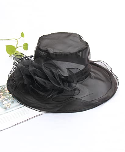 Z&X Organza Church Fascinator Wedding Tea Party Derby Hats for Women Flower Wide Brim Sun Hats - color: 034 Black
